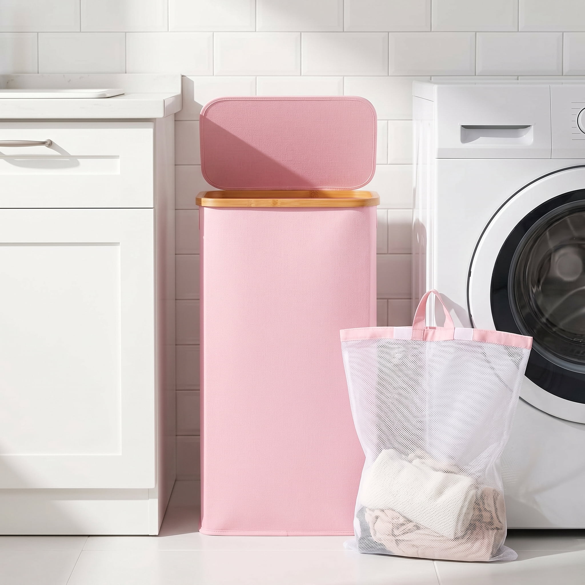 65L Slim Laundry Hamper, Narrow Laundry Basket with Lid,Foldable Clothes Hamper with Bamboo Handles,Hamper Basket with Removable Inner Bag for Laundry Room Bedroom College Dorm,17.17 Gals Pink