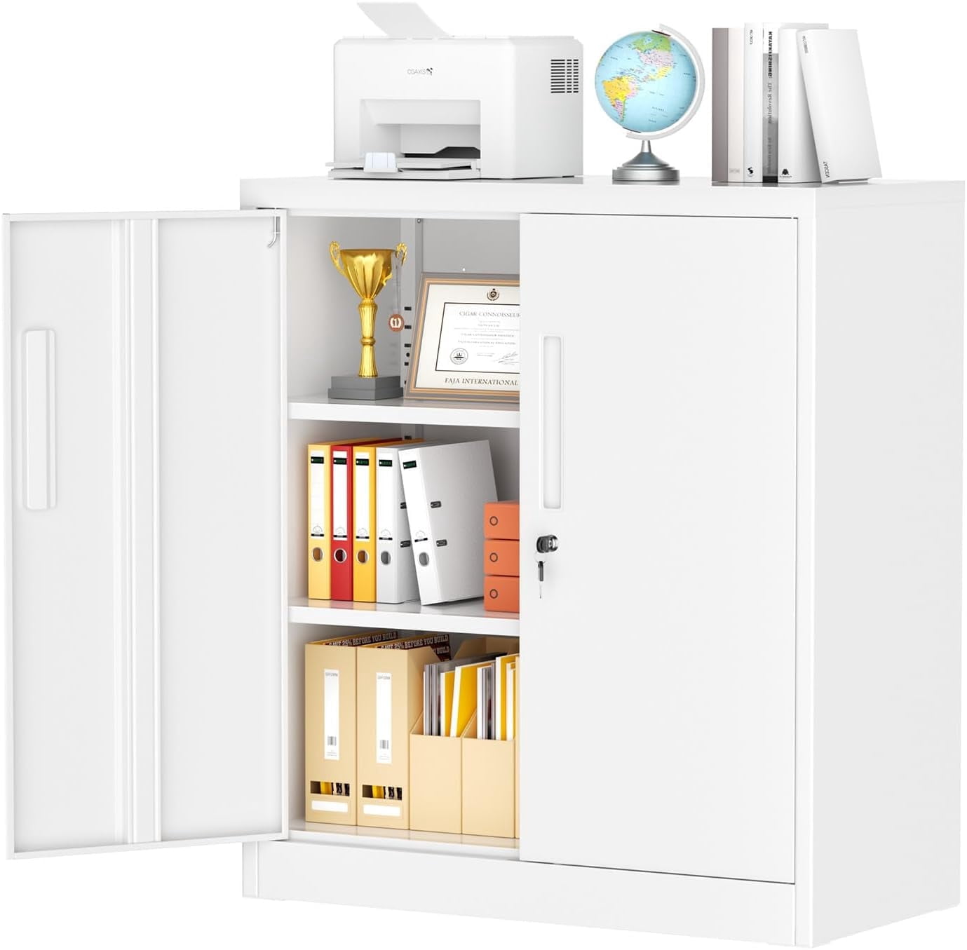 SOLAURA Metal Storage Cabinet with Locking Doors and Adjustable Shelves, Small Lockable Storage Cabinet Steel Office Cabinet for Home Office, Garage, Kitchen (White)