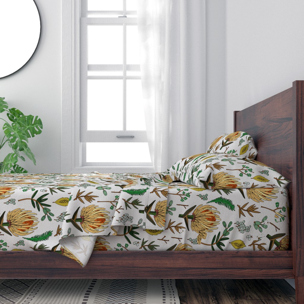 100 Cotton Sheets, King 4pc Set Large Mustard Yellow Protea Floral