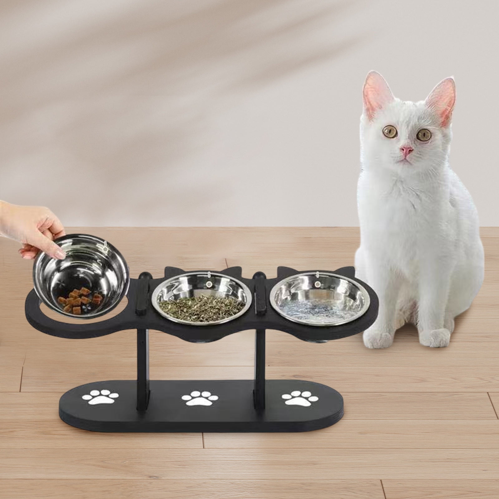 Elevated Pet Feeder Adjustable Height Stand with Triple Stainless Steel Bowls Indoor Raised Feeding Station for Cats and Dogs