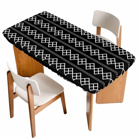 Black Boho Table Cloths for 4 Foot Rectangle Tables, Vintage Ethnic Tribe Abstract Art Geometric Patio Waterproof Elastic Fitted Tablecloths, Washable Rectangular Table Cover for Camping