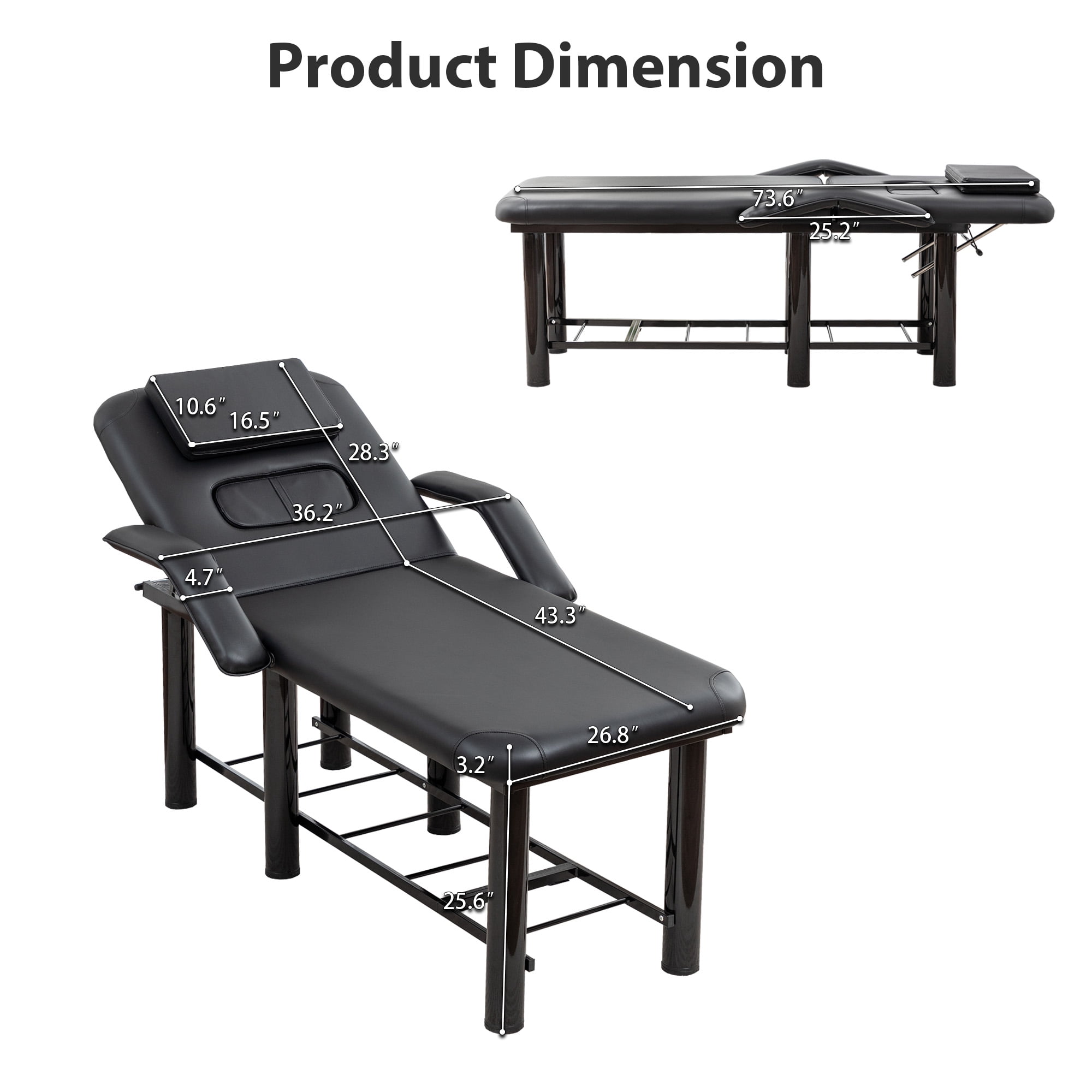 Miniyam 73.7" x 26.8" x 25.6" Professional Beauty Bed – Removable Headrest & Breast Cushions, Armrests, Storage Shelf – for Massage, Facial, Tattoo, Spa – Black