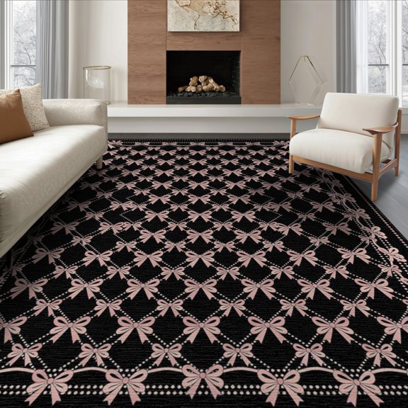 ODIKA 8'x10' Washable Area Rug Ribbon Motif Repeating Lattice Shaped Themed Polka Pink Flowing Dynamic for King Size Bedroom Under Bed, Master Suite, Non-Shedding, Easy Care