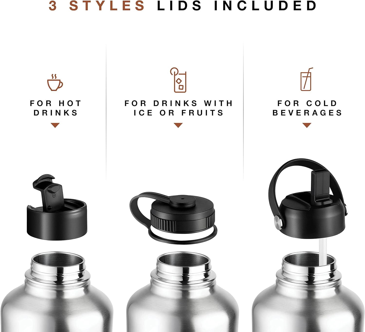 Brewberry Stainless Steel Sports Bottle and Travel Mug for Hot and Cold Beverages, Wide Mouth, Double Wall Insulated Hydration Sports Water Bottle for Hiking, Biking, and Activities, 64 oz BPA Free