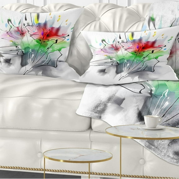 Designart Textured Red Green Floral Design - Floral Throw Pillow - 12x20