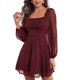 thumbnail image 1 of Vestido de manga larga de malla color vino tinto para mujer, estilo sólido de varias capas y cintura alta con cremallera en la espalda, talla S, 1 of 6