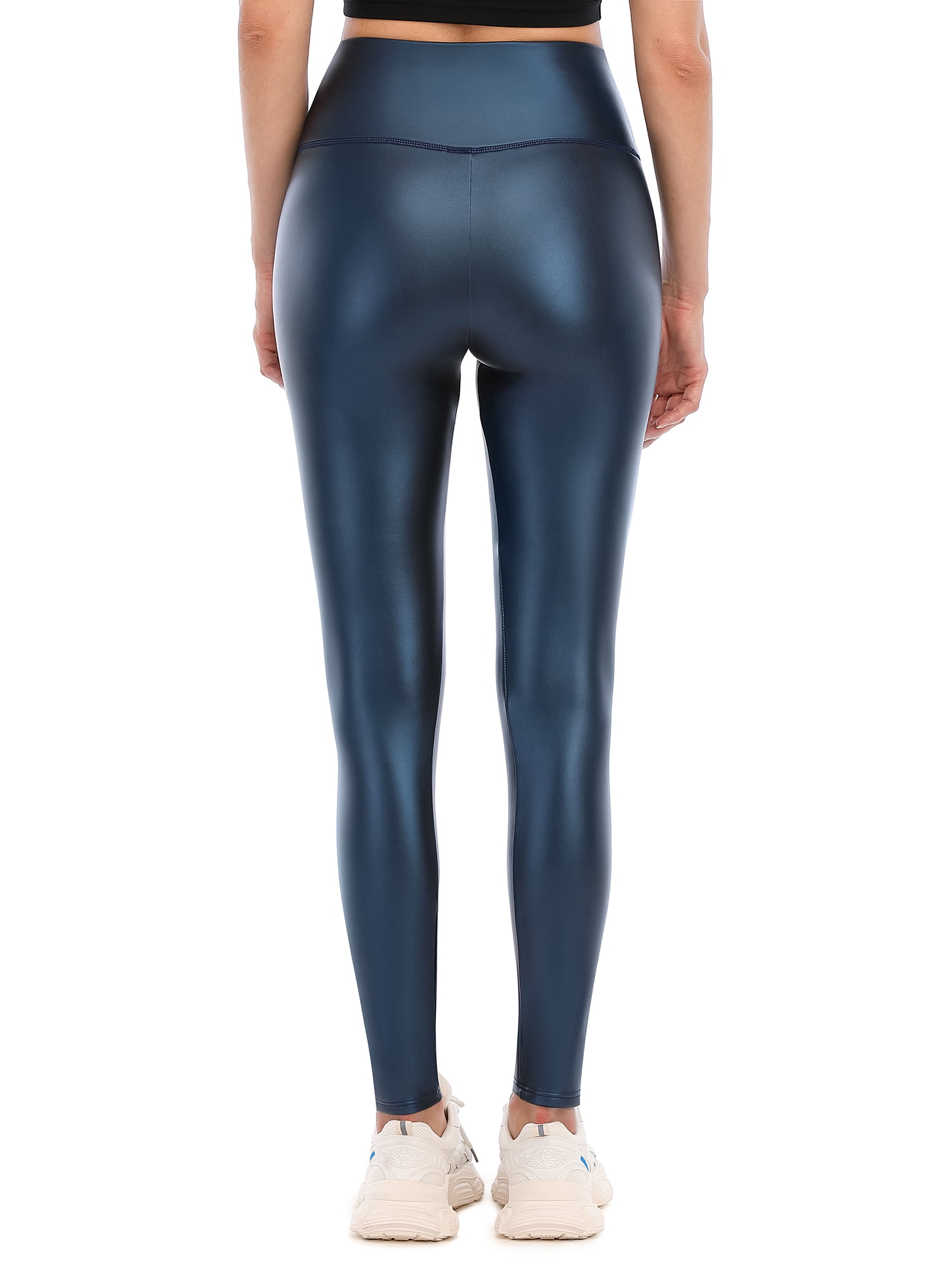 Women's Faux Leather Thermal Leggings Fleece Lined Warm Yoga Pants with Pockets