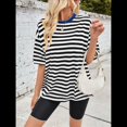 thumbnail image 4 of Camisetas de Rayas de Gran Tamaño para Mujer, Blusas Holgadas de Cuello Redondo y Corta, Blusa Informal de Verano Y2K 2025, Camiseta Básica Negro S, 4 of 9