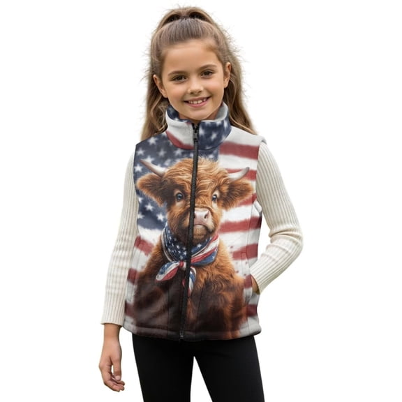 Xixirimido American Flag Highland Cow Pattern Boys Girls Fleece Vest Sleeveless Stand-up Collar Jacket with Pockets Full-Zip Fall Winter Warm Outerwear for 5-6