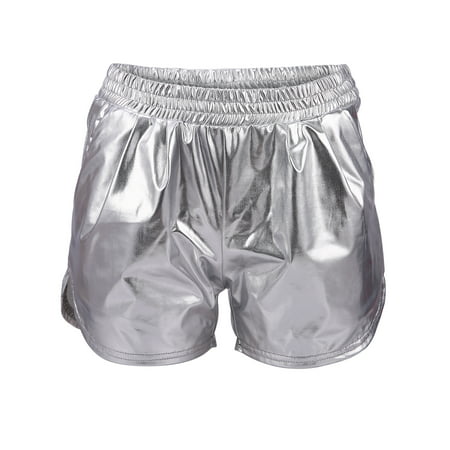 HDE Women's Hot Shorts Loose Shiny Metallic Yoga Pants (Silver,