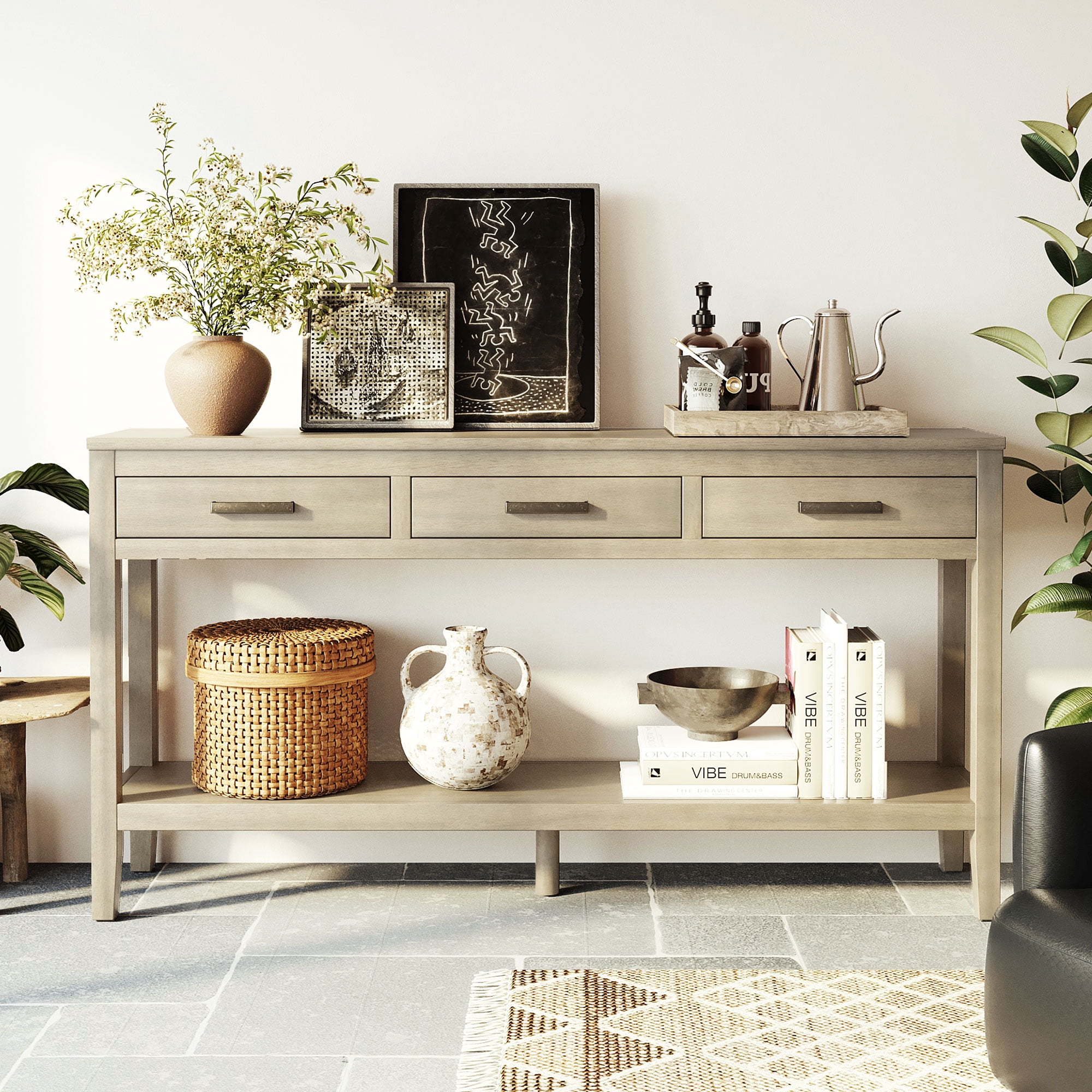 OTONIPU Farmhouse Entryway Console Table with 3 Drawers and Bottom Shelf, Wood Sofa Table for Living Room or Hallway, 59.1 Inch, Grey