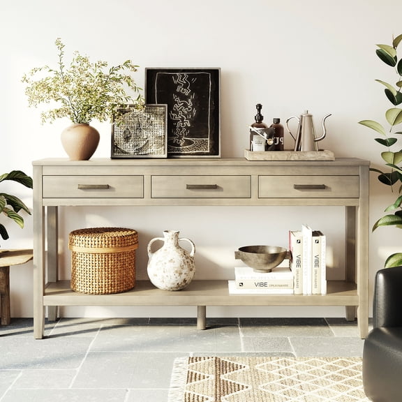 Farmhouse Console Table, 59.1 Inch Entryway Table with 3 Drawers & Open Shelf, Gray Sofa Table with Metal Handles, Hallway Table for Living Room, Bedroom, Office