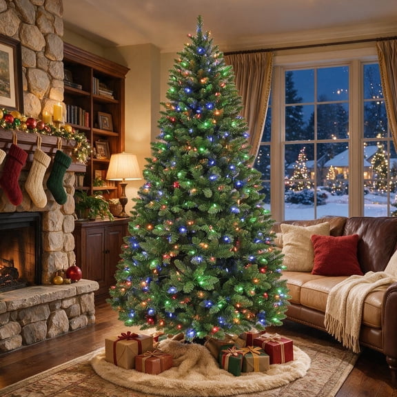 VIVATREES 7.5 ft Pre-Lit Artificial Christmas Tree, 1450 Hinged Tips, Spruce Style, 450 LED Lights with 10 Color Modes, Foldable Metal Stand