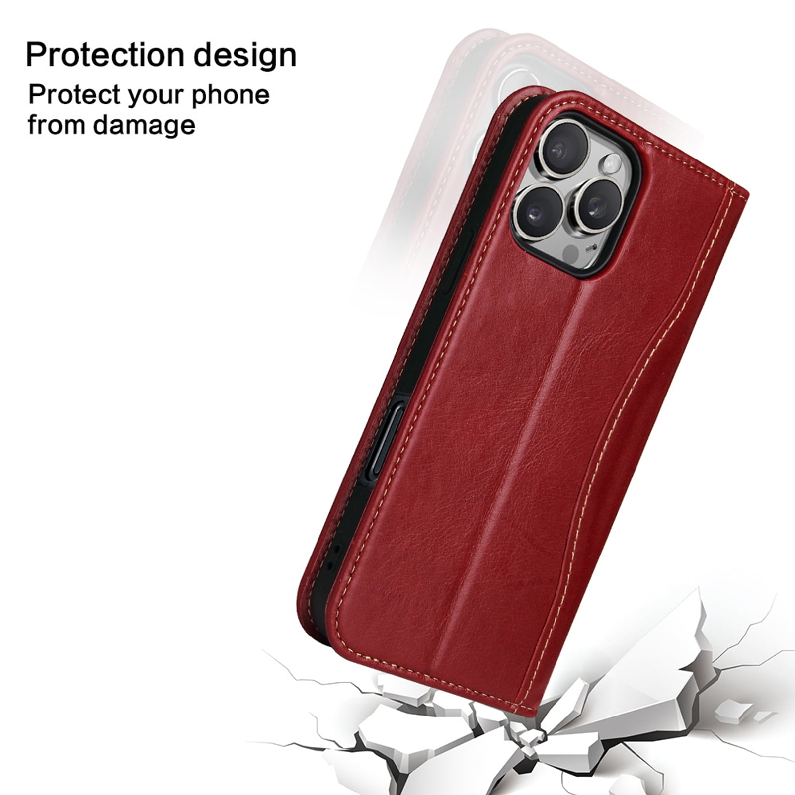 ShellTech for iPhone 16 Pro Leather Wallet Case,Luxury Genuine Vintage Leather [Slim and Durable] with Card Slot & Kickstand [Magnetic Closure] Flip Folio Case,Red