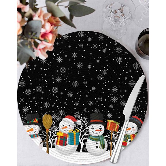 15 Inch Round Placemats Set of 6, Black Snowman Non Slip Heat Insulation PP Table Mats, Christmas Winter Snowflake Xmas Tree Washable Place Mats for Kitchen Dining Party Table Decor