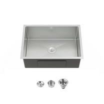 Izzovium 27"x19" Undermount Stainless Steel Kitchen Sink, Single Bowl Brushed Nickel Finish with US Standard Drain & Hook, 20 Gauge 304 Steel, Gray (Model: LS-SSBR06)