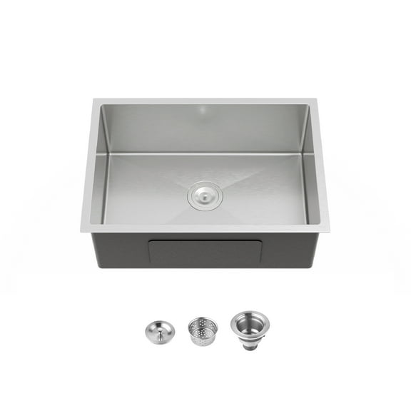 Izzovium 27"x19" Undermount Stainless Steel Kitchen Sink, Single Bowl Brushed Nickel Finish with US Standard Drain & Hook, 20 Gauge 304 Steel, Gray (Model: LS-SSBR06)