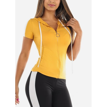 Womens Juniors On Sale Activewear Gym Sportwear Workout Affordable Short Sleeve Sporty Yellow Stripe Hoodie Zip-Up Crop Top