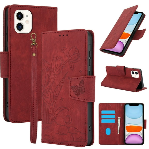 for iPhone 11 Wallet case with RFID Blocking Credit Card Holder,Flip PU Leather Emboss Butterfly Flower Shockproof Protective Cover Women Men for iPhone 11 Phone case,Red