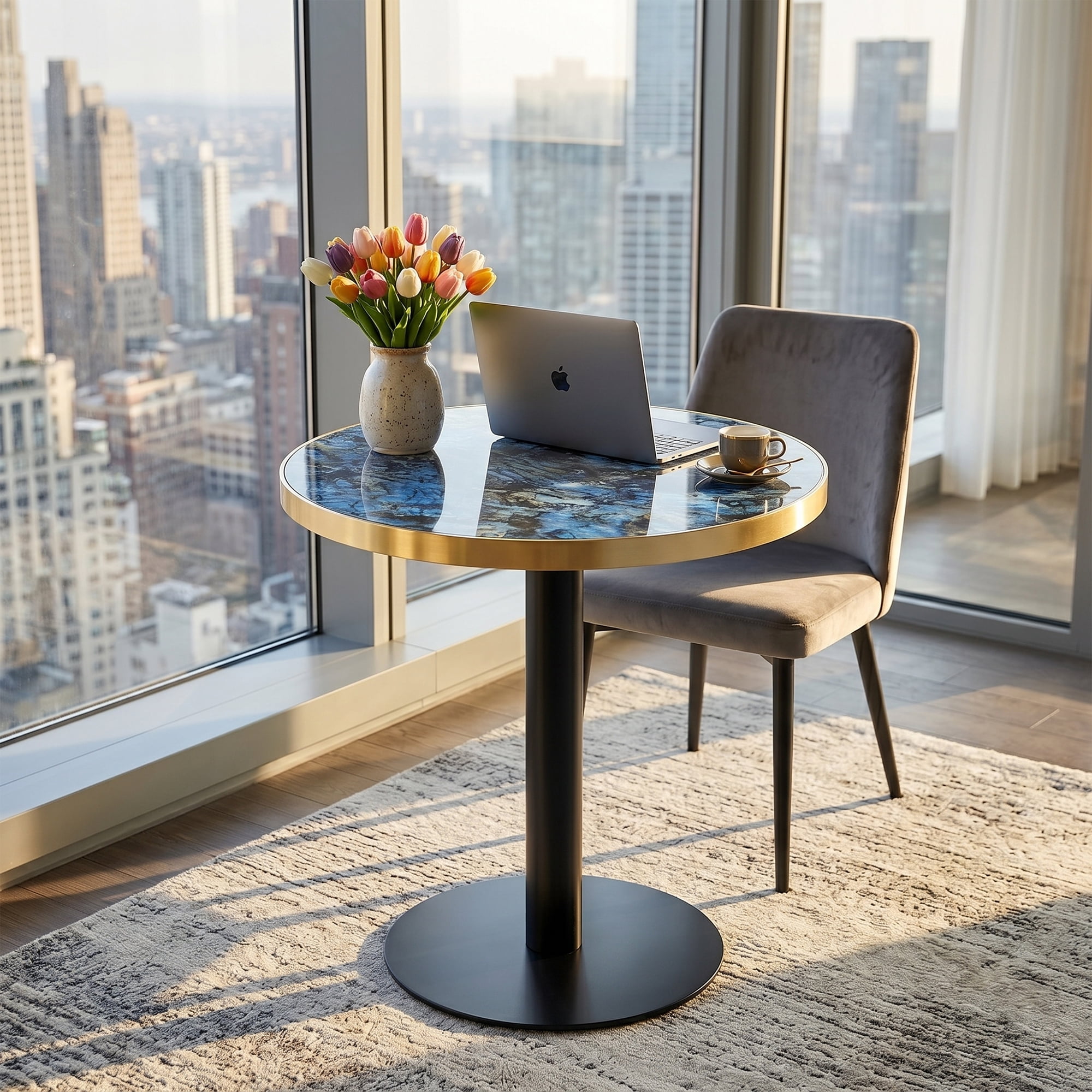 23.6" Round MDF sprayed with UV paint countertop, marble texture, stainless steel edging, metal table legs, modern light luxury edge/coffee table.