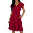 thumbnail image 3 of TaTaai Women's Solid Color V-Neck Dress with Flutter Sleeves, Cinched Waist, and Flattering A-Line Silhouette Gift, 3 of 6