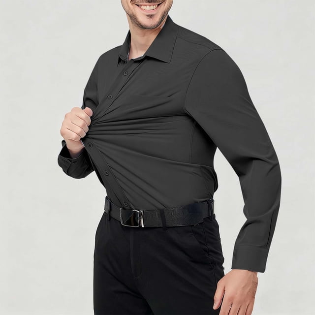 pstuiky camisa de manga larga para hombre, Camisa de manga larga con botones y elástico para hombre, informal, de color liso y a la moda Tops casuales para hombres xl