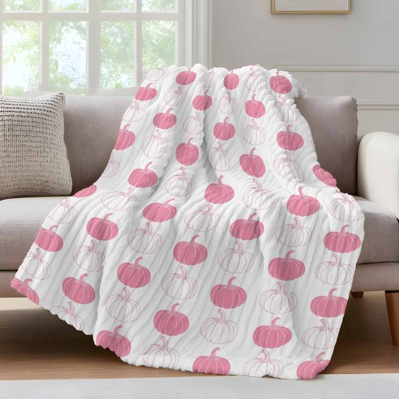 Pink Beige Pumpkins Fleece Throw Blanket for Couch, Fall Thanksgiving Autumn Beige Microfiber Flannel Blanket for All Season, Lightweight Soft Throw Blankets for Women, Girls, Adults, 50"x80"