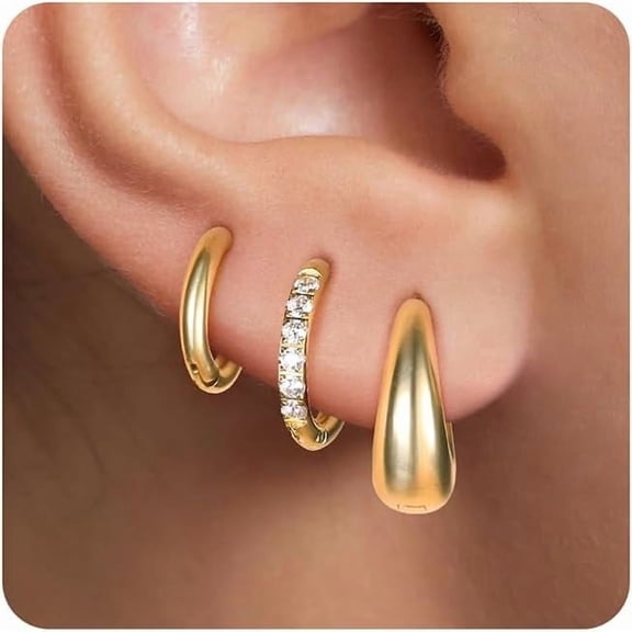 YMCSTONEMA Surgical Steel Gold Hoop Earrings For Women,14K Gold Plated Small Hoop Earrings Set,Hypoallergenic Lightweight Cz Huggie Earrings, Waterproof No-Tarnish, For Multiple Piercing[Z4547]