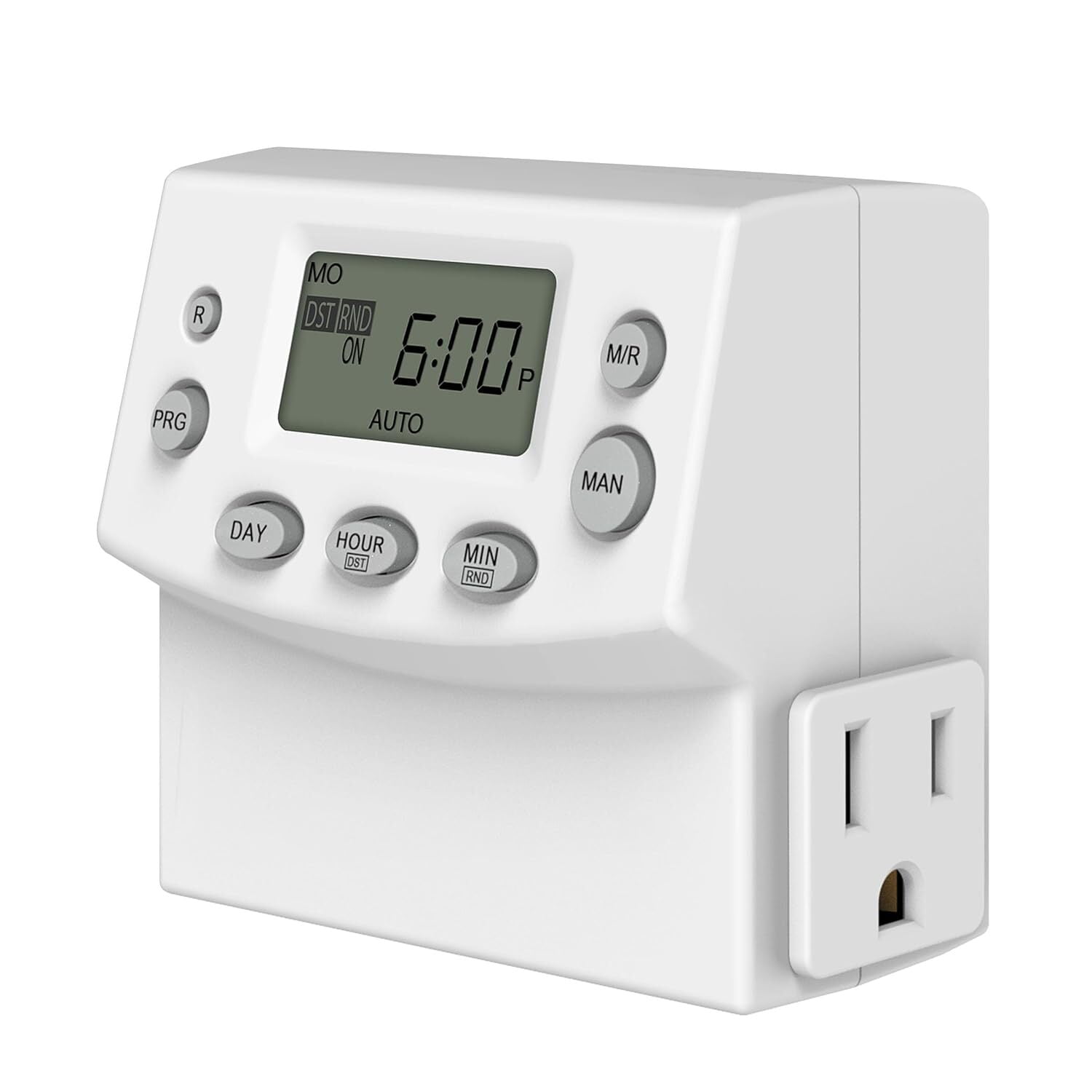 ENERLITES Heavy Duty Programmable Plug-in Digital Timer for Electrical Outlets,Outlet Timer for Lights,Lamps, Grounded Outlet,7 Day Random and Daylight Savings,120V 15A 1200W,HET07,White