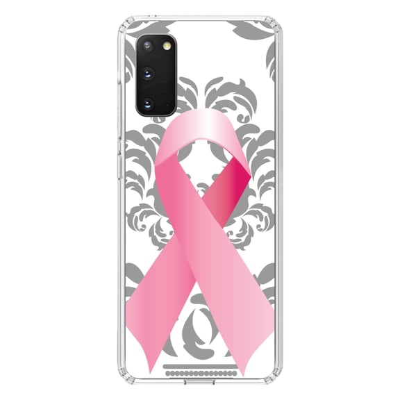 DistinctInk Clear Shockproof Hybrid Case for Galaxy S20 ULTRA / 5G (6.9" Screen) - TPU Bumper, Acrylic Back, Tempered Glass Screen Protector - Grey Damask Pink Ribbon - Breast Cancer Awareness
