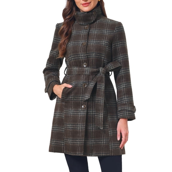 INSPIRE CHIC Women's Vintage Plaid Pea Coat Long Sleeve Stand Collar Belted Single Breasted XS Brown