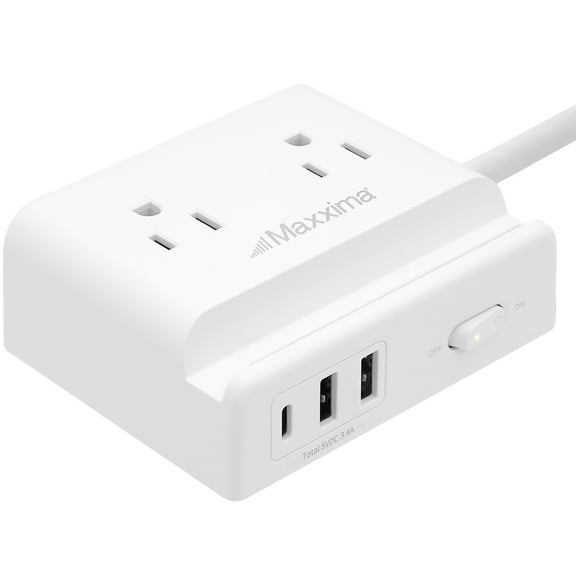 Maxxima 4 Outlet Desktop Power Strip with 3 USB Type-C / A Charging Ports 3.4A, Phone Holder, 5’ Extension Cord