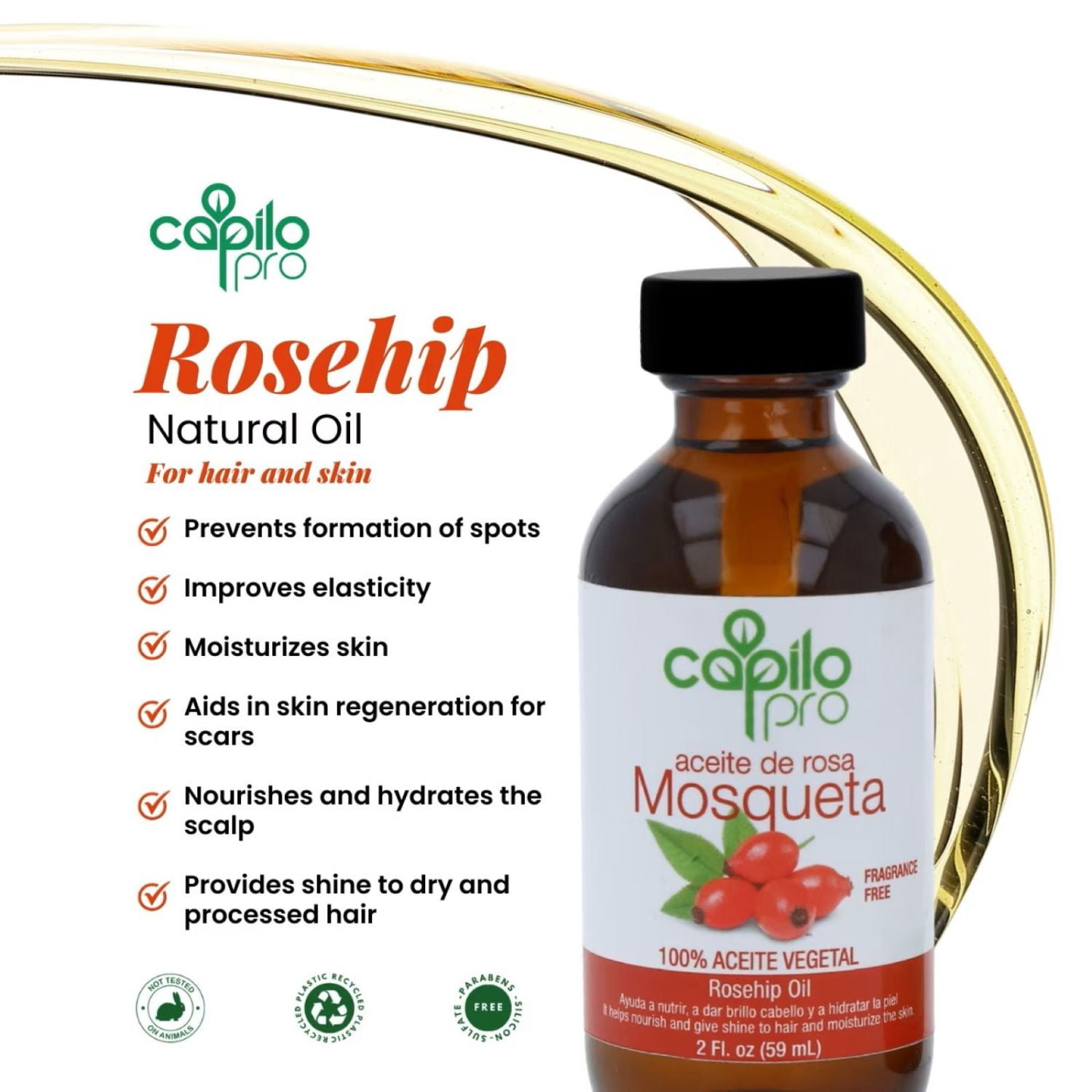 (3 pack) Capilo Pro Rose Hip Oil, Hair & Skin Nourishing Treatment, 100% Vegetable Oil, 2 fl oz
