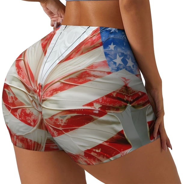 Fotbe Patriotic Butterfly Floral Shorts Sin Costuras – Shorts Deportivos de Cintura Alta para Mujer, Elásticos para Gimnasio, Yoga, Running o Ciclismo-Large