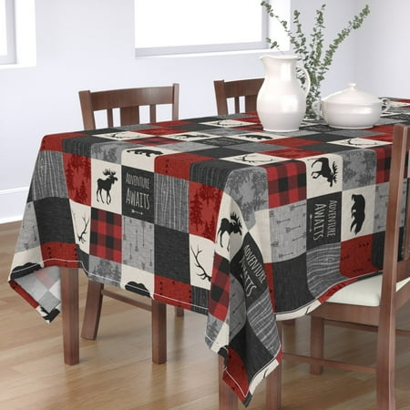 

Cotton Sateen Tablecloth 70 x 90 - Adventure Awaits Quilt Grey Black Red Buffalo Check Plaid Moose Bear Woodland Print Custom Table Linens by Spoonflower