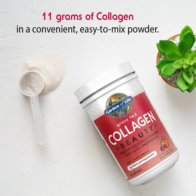 Garden of Life Grass Fed Collagen Beauty, 11g Collagen with Biotin & Silica, Cranberry Pomegranate Powder