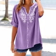 thumbnail image 2 of Jinhomg Women's Linen Shirt Short Sleeve Floral Embroidery Collarless Button Down Shirts Relaxed Fit Summer Beach Blouses Purple XL, 2 of 7
