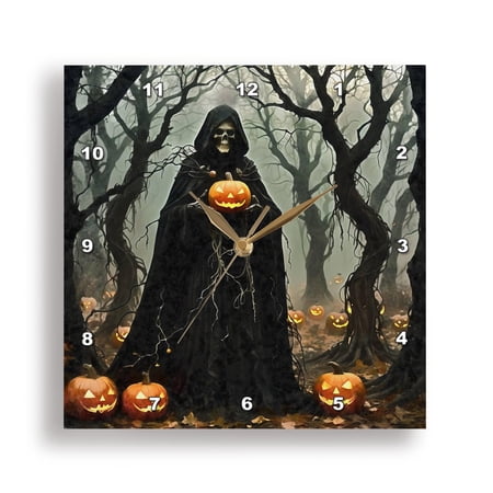 3dRose, Halloween Skeleton Wearing Black Hooded Cloak With Jack-O-Lantern , 10x10 Wall Clock