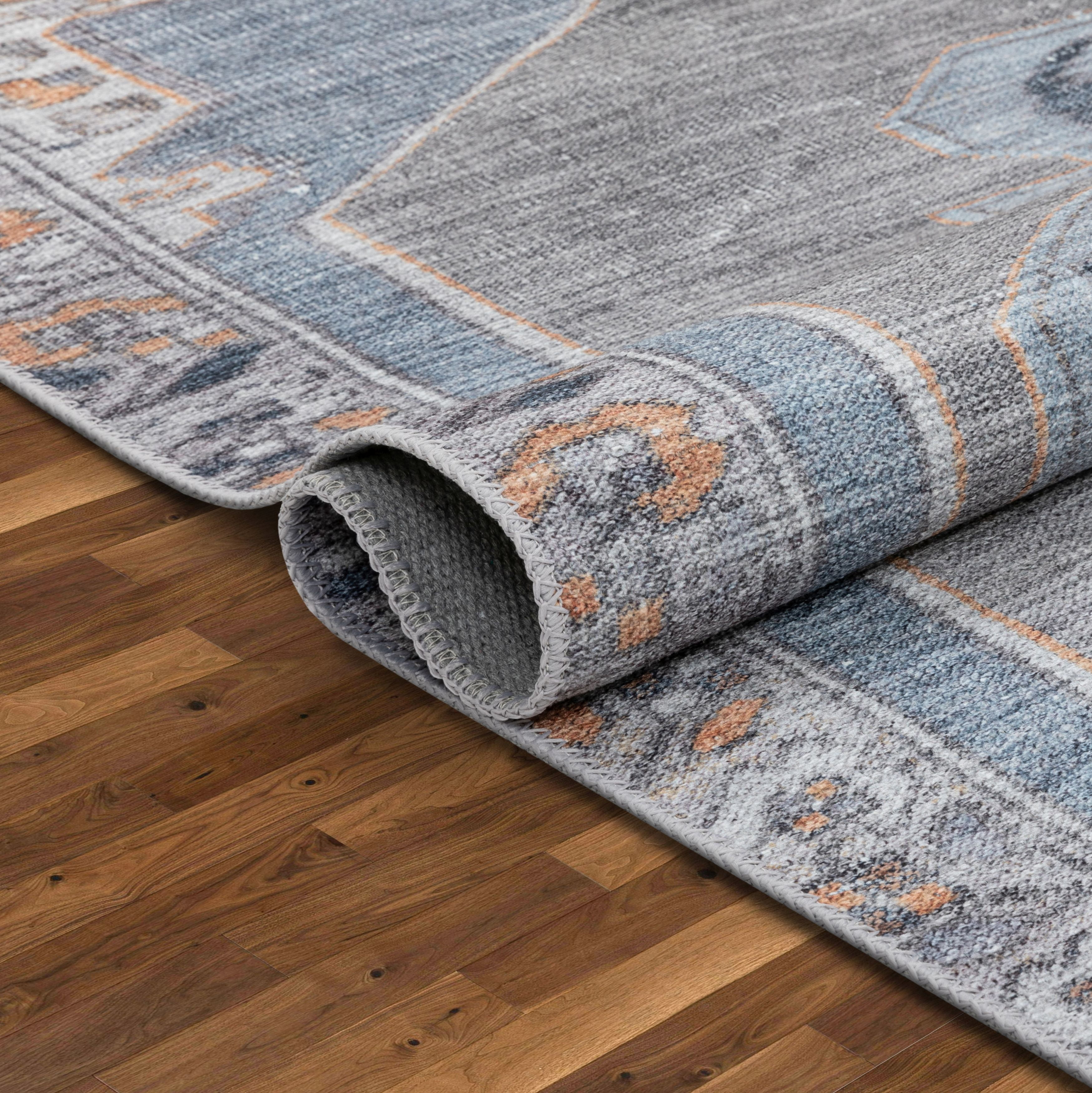 Well Woven Lotus Cambria Light Blue Vintage Medallion Oriental 5'3" x 7'3" Machine Washable Flat-Weave Area Rug