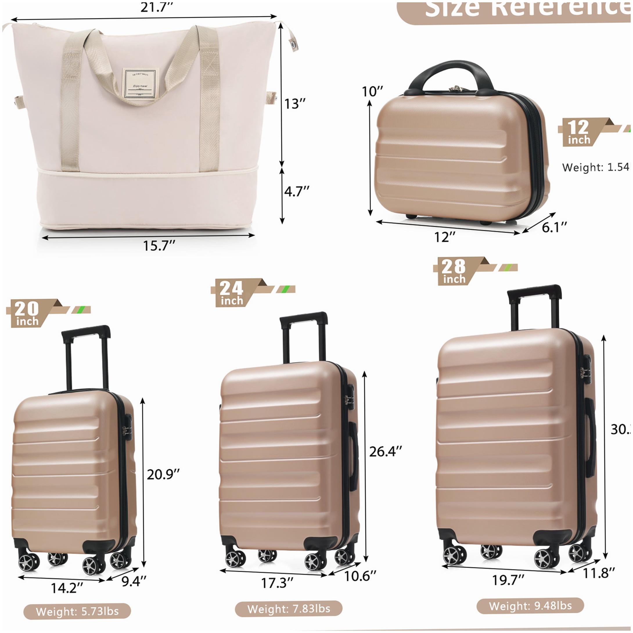 Durable Hardshell Suitcase Set with 8 Wheels, ABS Carry On and Checked Luggage in Champagne for Adults