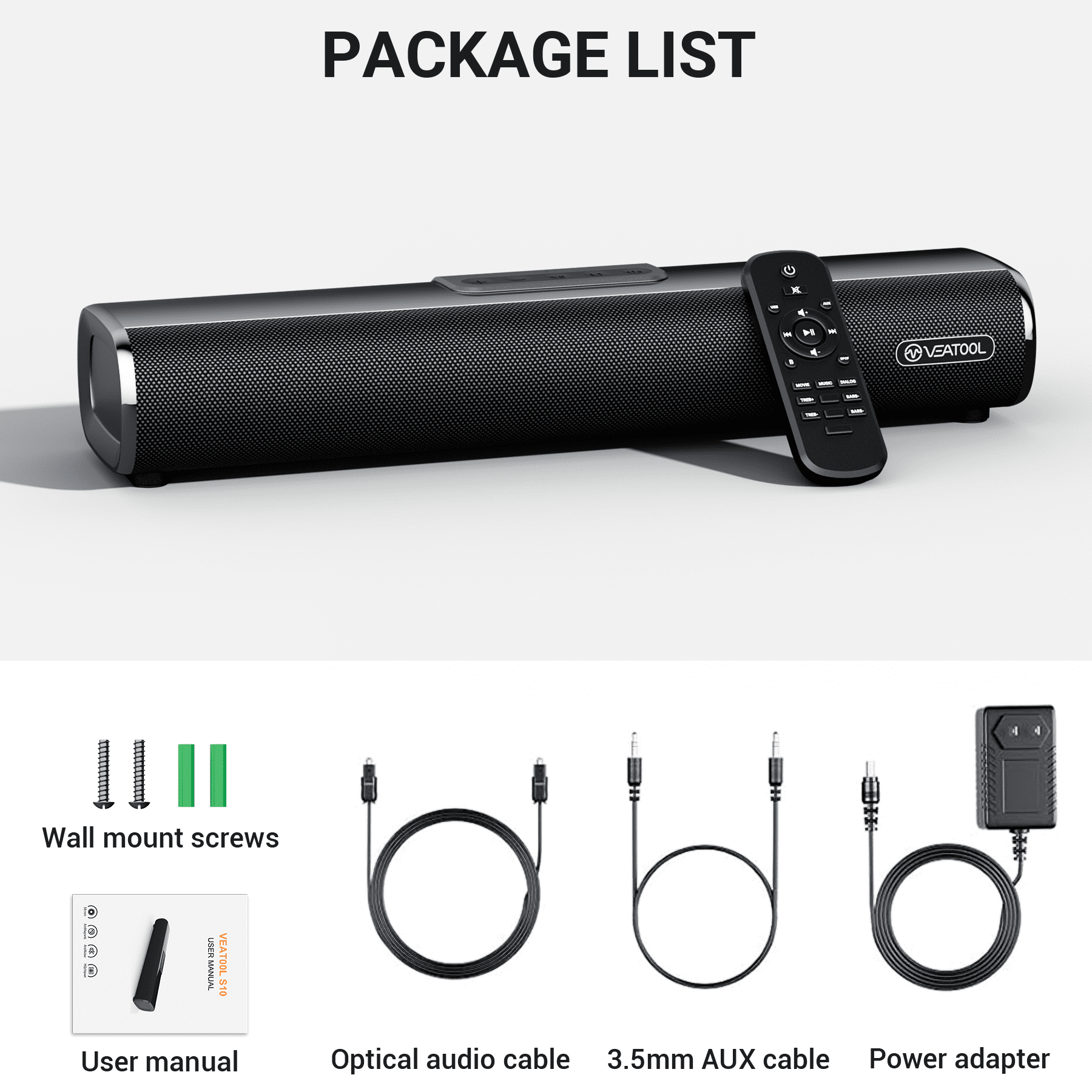 VEAT00L Sound Bar for Smart TV, 50W 16-Inch Bluetooth Soundbar TV Speakers ,3D Sound Soundbar System with Built-in Subwoofer for Home Theater/Gaming/PC, EQ Control,OPT/AUX/USB Wall Mountable