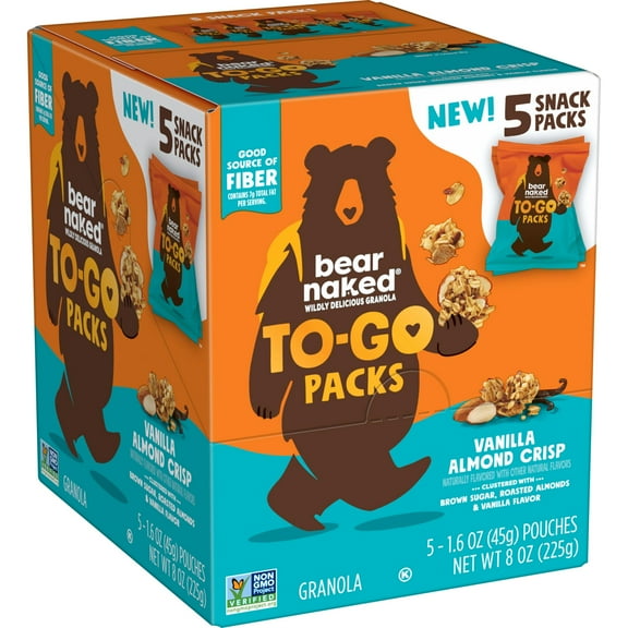 Bear Naked Granola Cereal, OKA4 Whole Grain Granola, Breakfast Snacks, To Go Packs, Vanilla Almond Crisp, 8oz Box (5 Pouches)