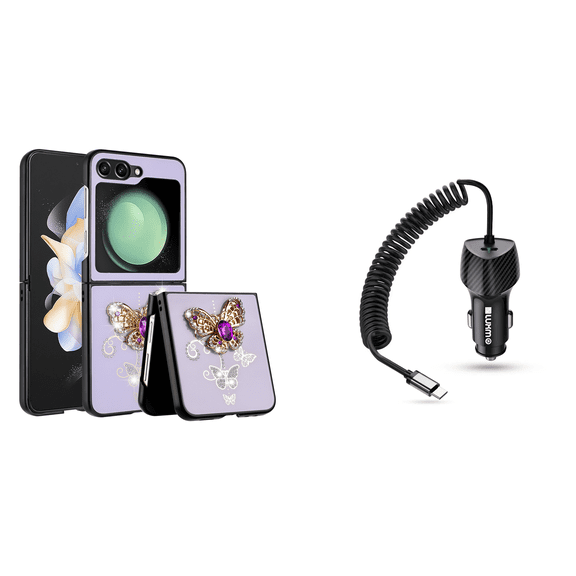 BEMZ Butterfly Diamond Gem Case for Galaxy Z Flip 5 Bundle with 40W USB-C Car Charger (Type-C Port) - 5 Foot - Purple Gold