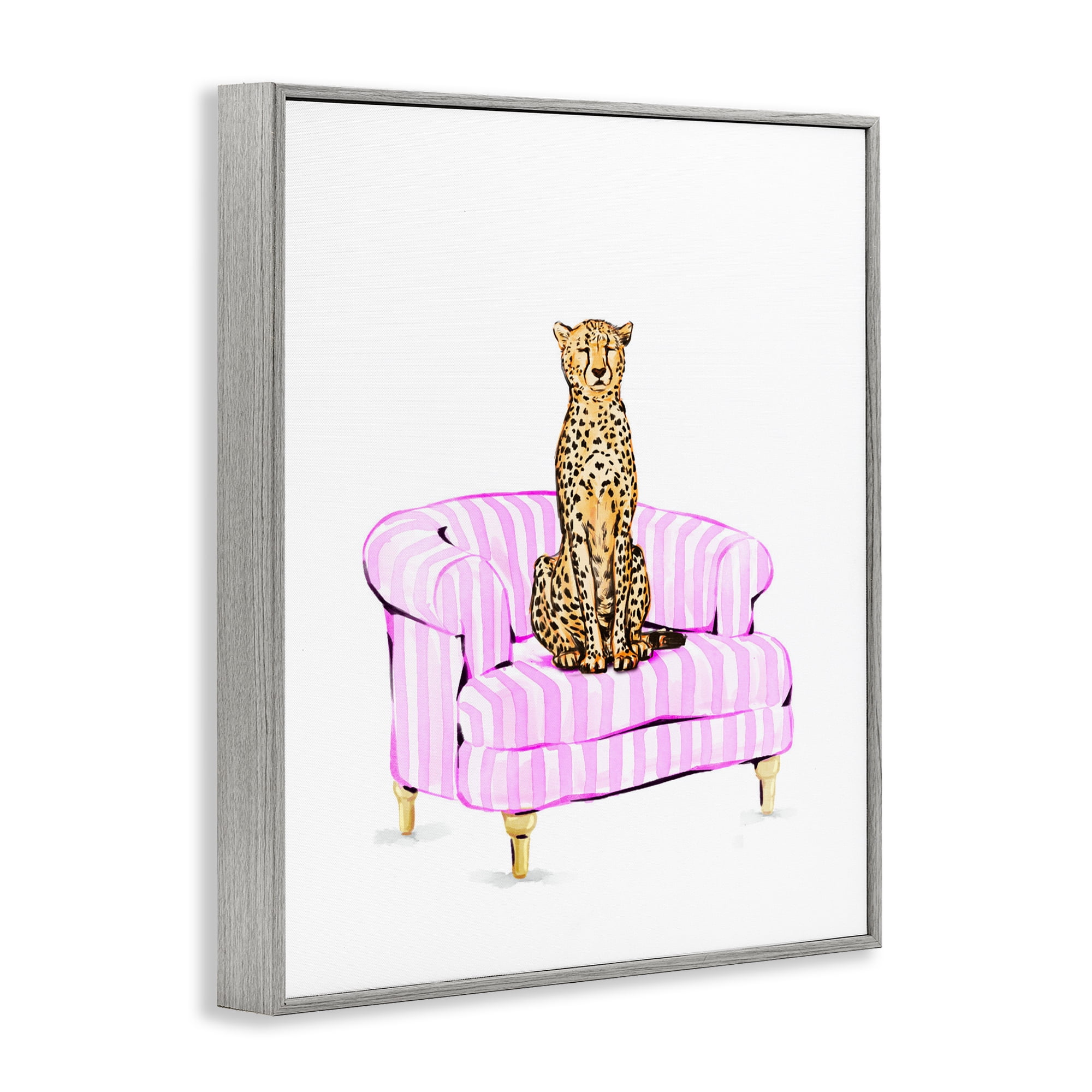 Cheetah on Pink Stripe Chair Gray Framed Giclee Art, design by Ziwei Li