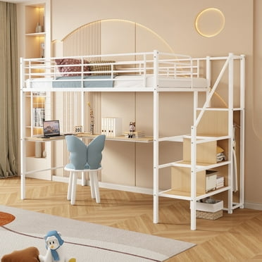 Firscook Twin Loft Bed with L-Shaped Desk and Storage Ladder for Kids, White