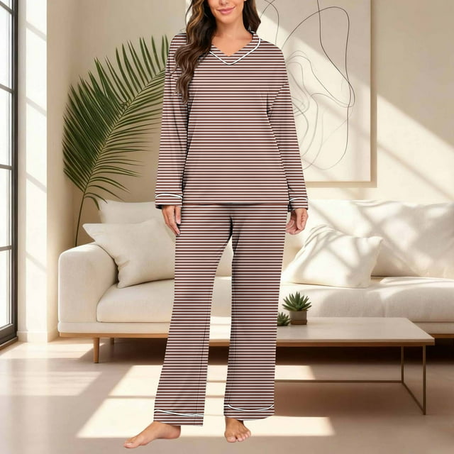 Cameland Ensemble de Pyjama Décontracté à Rayures pour Femmes, Col en V, Manches Longues