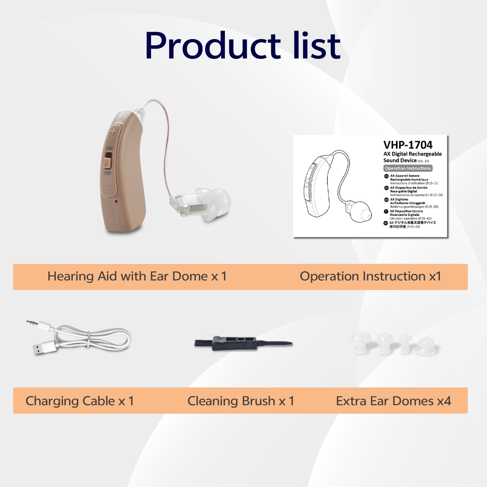 Delmicure Digital Hearing Aids for Seniors, Rechargeable, Noise Cancelling, Universal Fit, VHP-1704, Beige, Single