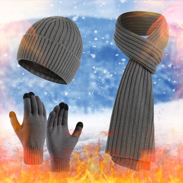 Solid Color Winter Knit Set, Cuffed Beanie with Thick Scarf and Gloves, 3-Piece Fleece Lined Set, Cold Weather Accessories, Matching Gift Set Grey