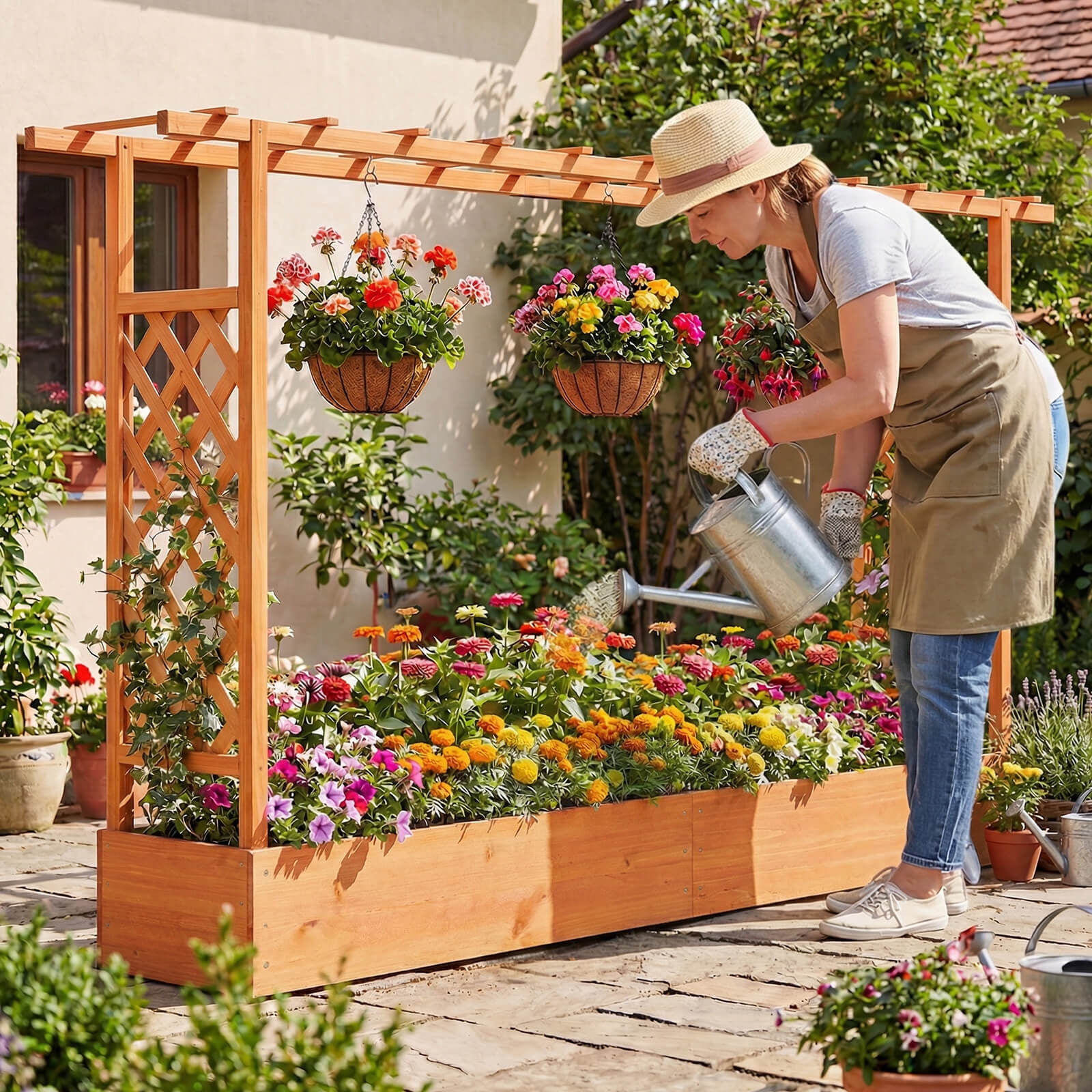 Costway 2 PCS Wooden Raised Garden Bed with Trellis Hanging Roof Drainage Holes for Flowers Orange