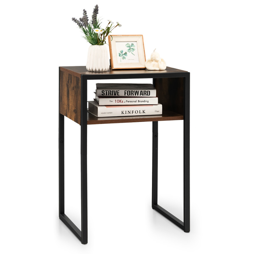 Finihen End Side Table, Rectangular Nightstand, Industrial Side Table with Anti-Rust Steel Frame and Open Storage, for Living Room, Bedroom, Brown Finihen End Side Table, Rectangular Nightstand, Industrial Side Table with Anti-Rust Steel Frame and Open Storage, for Living Room, Bedroom, Brown